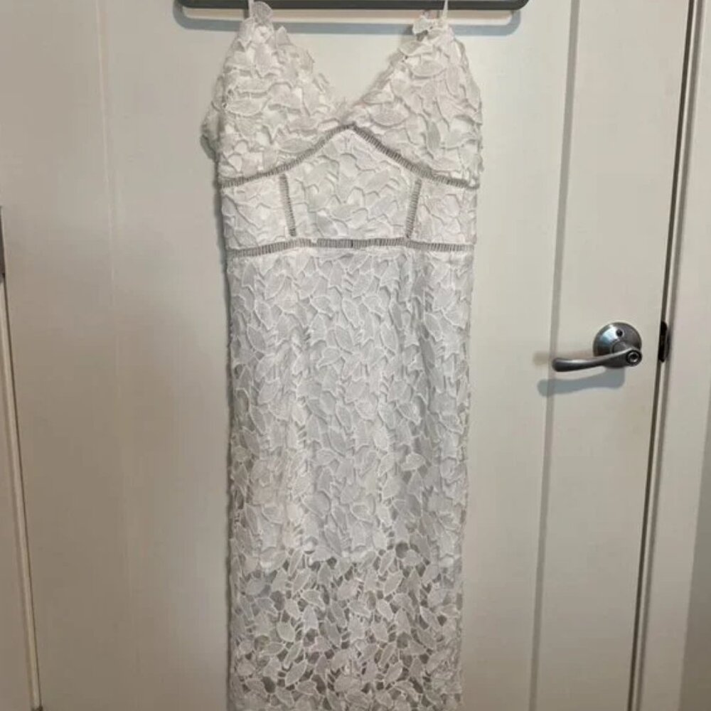 White Lace Midi Dress Women’s Large V Neck Bridal Shower Graduation Summer Dress